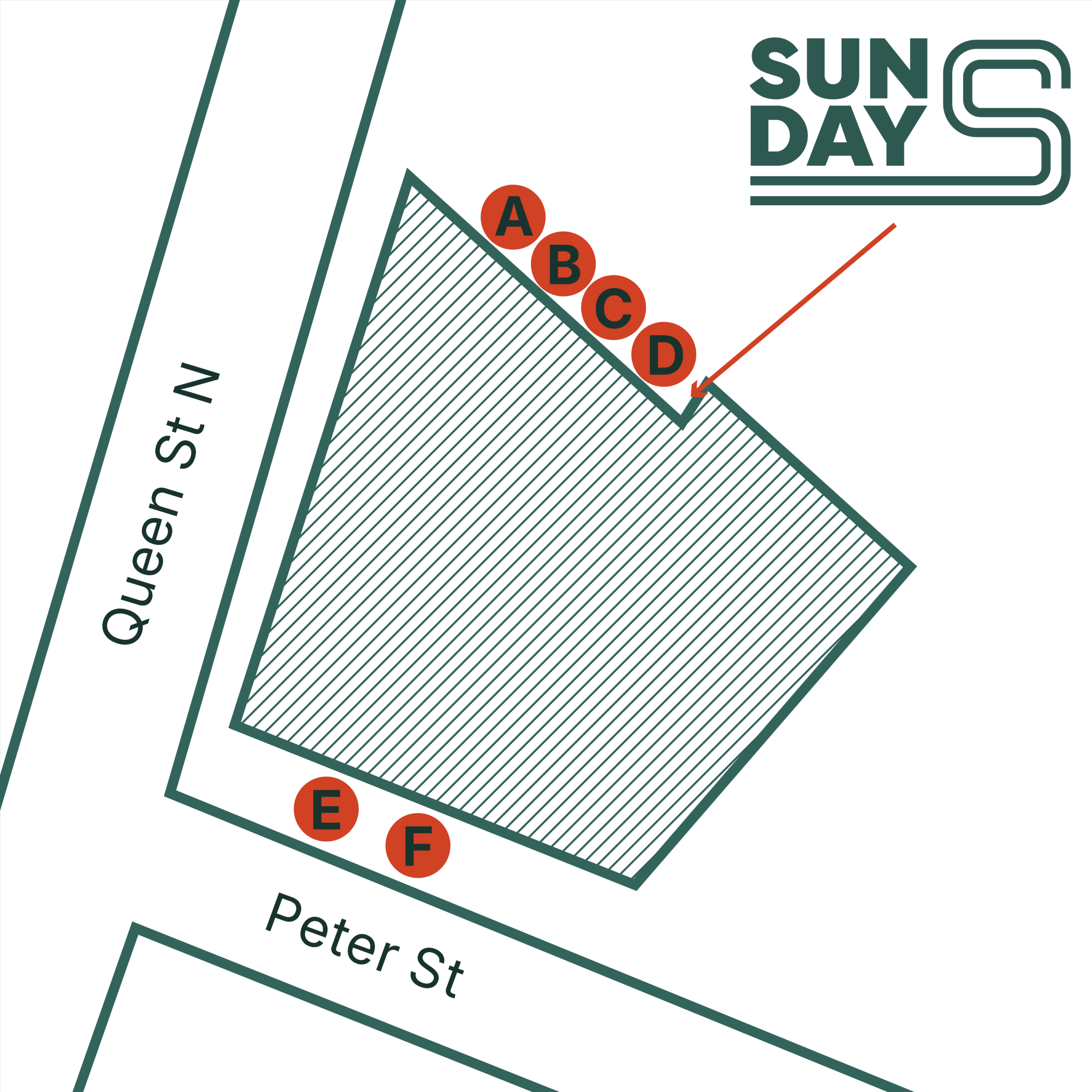 Parking map for Sunday Nine Golf Club at 82 Queen Street North, Unit 5, Hamilton, Ontario (L8R 2V4), showing the building footprint shaded in green between Queen Street North and Peter Street, with labeled parking spots A–F and directional arrow for access.